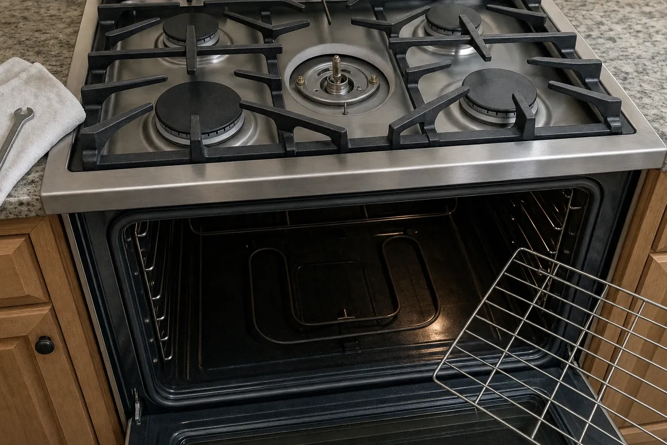 An open oven cavity with the flat bake element looping across its floor, seen under a gas cooktop whose centre burner cap has been lifted off