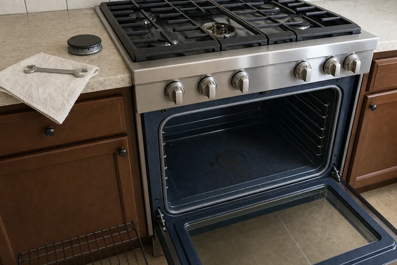 A stainless gas range with all seven control knobs in view and the oven door open on a speckled enamel cavity, one burner cap set on the counter beside a wrench