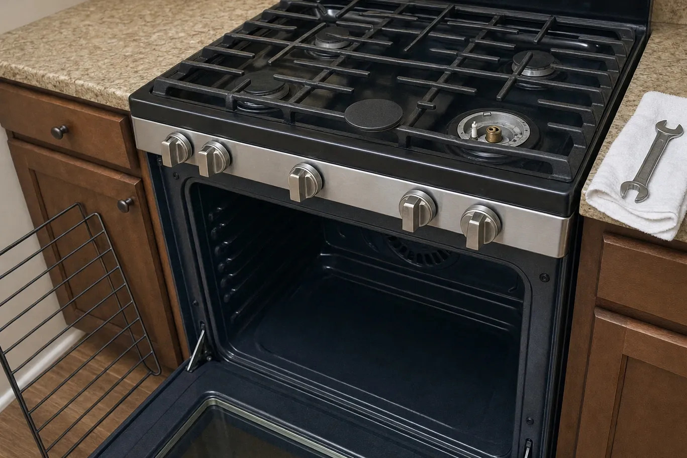 A gas cooktop with one burner cap removed, exposing the burner base with its spark electrode and brass orifice, and the oven door standing open below