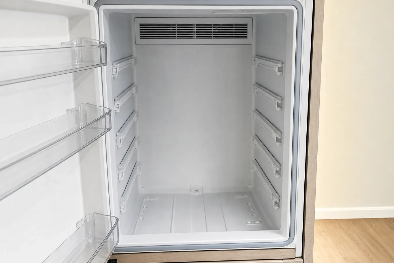 The empty interior of a built-in refrigerator, showing the slotted air vent set into the top of the rear wall above the shelf support rails