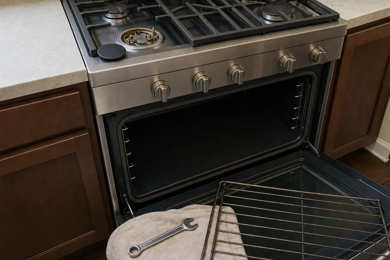 A combination wrench resting on a folded cloth on the open door of a gas range, the oven rack lifted out and the empty cavity behind it